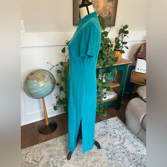 Vintage Teal Liz Claiborne Silk Midi Dress w Mandarin Style Collar Short sleeve - Picture 4 of 7